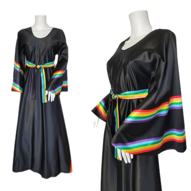 1970's Black Acetate Rainbow Stripe Angel Wing Sleeves Maxi Dress I Sz Med I Solo S.F. 