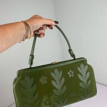 It Brings It All Together - Vintage 1950s Rich Olive Green Suede Leather Handbag Purse 