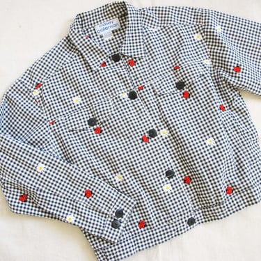 Vintage 90s Gingham Plaid Jacket Embroidered Daisy Flowers Ladybugs M 