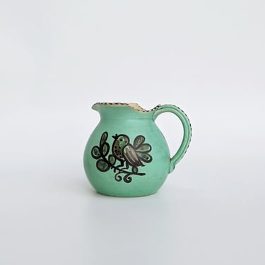Vintage Gabriel Sweden Turquoise Ceramic Pitcher with Bird Motif | Hand-painted Bird Scandinavian Ceramic Pitcher/Jug/Vase 