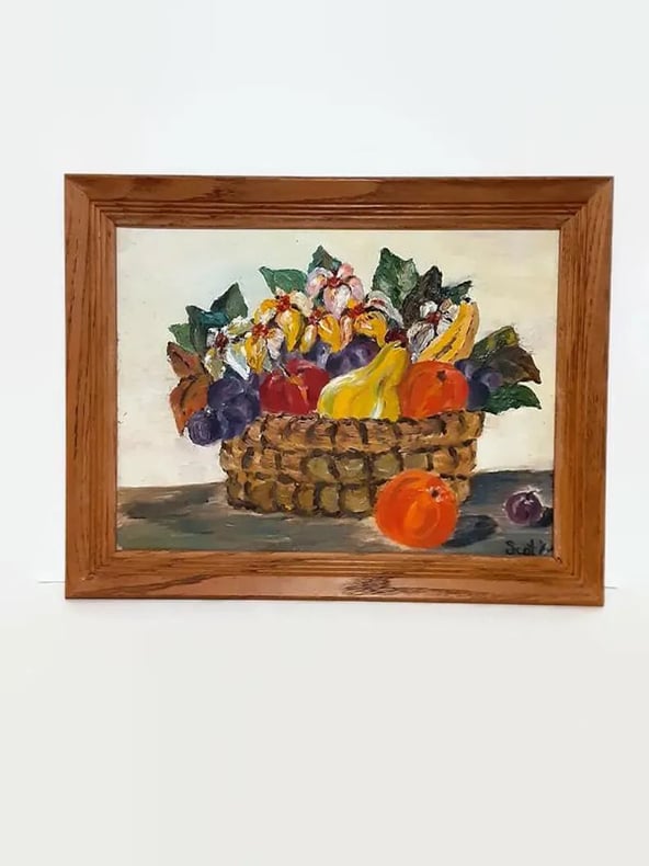 Vintage Folk Art Still Life Painting - Oak Deep Well Frame