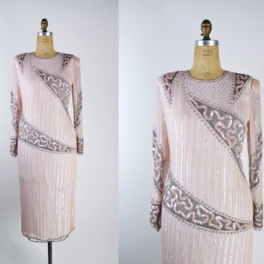 80s Flapper Dress /Pink Beaded Dress / Pink and Silver Sequins Dress /20s Party Dress / Art Deco Dress / Silk Dress / Party Dress /Size S/M 