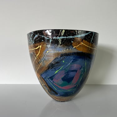1980's Steve Howell Hand Painted Expressionist Abstract Desing Art Studio Pottery Vessel, Signed 