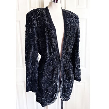 Fully Beaded Vintage Designer Black Evening Jacket, Glass Beads, 1980's NITELINE Della, Large, Shoulder Pads Party Dress 