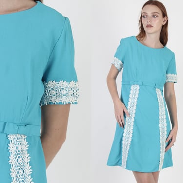 Retro 1960 Teal Pageant Dress, 1960s Bridal Crochet Trim Sleeves, Zip Up Full Skirt, Easter Cocktail Party Mini Dress 