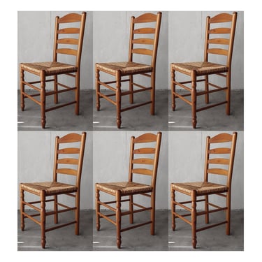 Set of 6 Italian Pine and Rush Ladderback Dining Chairs 