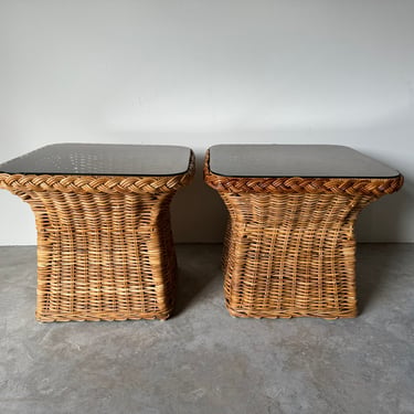 Pair of Vintage Wicker Works Braided Rattan Side Tables W/ Glass Top 
