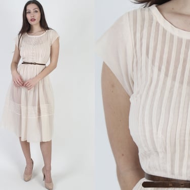 60s Lightweight Skin Tone Sheath Dress, Pleated Vertical Striped Bodice, Plain Color See Through Slip Dress 