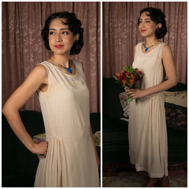 1920s Dress - Elegantly Simple Ivory Silk Dress with Gathered Draping 