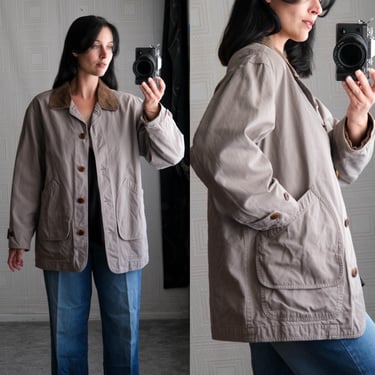 Vintage 90s Lands End Beige Chore Jacket w/ Light Brown Corduroy Collar & Cotton Plaid Insulated Lining | 1990s Designer Outdoor Coat 