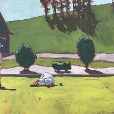 Croquet #3 - Original Acrylic Painting on Canvas 24" x 18", michael van, sunbath, green, landscape, men, lawn, trees, summer, one of a kind 