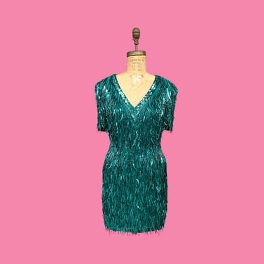 Vintage Dress Retro 1980s Sho Max Originals + Size Medium + Pure Silk + Turquoise + Sequins and Beads + Evening and Party Dress + Womens 