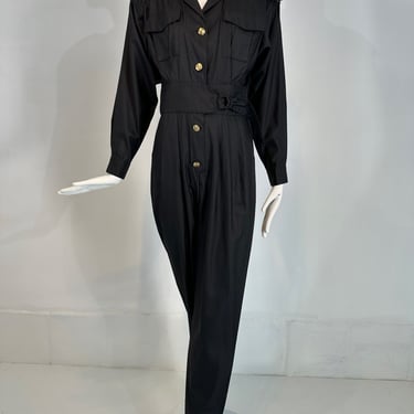 1980s Lord &amp; Taylor Matte Tailored Black Silk Jumpsuit with Gold Buttons