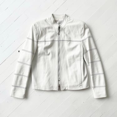 1990s White Leather Jacket with Black Stitching 