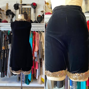 vintage 1960s black velvet micro mini / shorts set with gold sequins, 60s mod s 