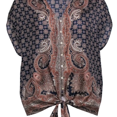 Massimo Dutti - Navy & Tan Bohemian Print Button-Up Silk Blouse Sz 8