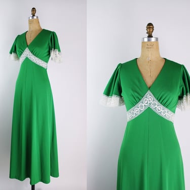 70s Kelly Green Maxi Dress / Size S/M 