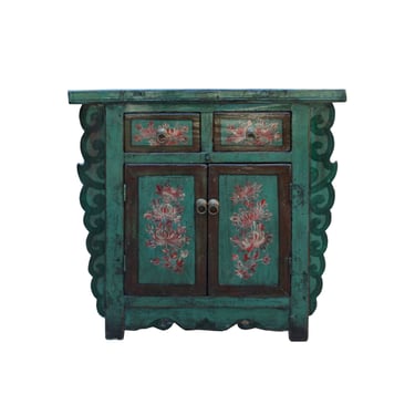 Chinese Distressed Green & Brown Flower Graphic Table Cabinet cs5948E 