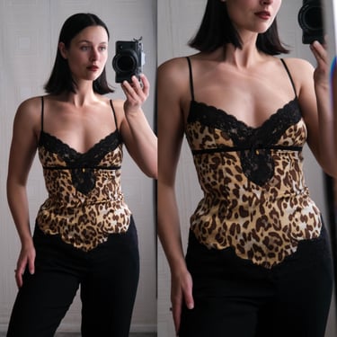 Vintage MARCIANO Leopard Print Silk & Black Lace Stretch Camisole Tank Top | Negligee Noir | Y2K 2000s GEORGES MARCIANO Designer Silk Top 