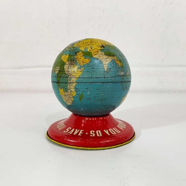 Vintage Mini Globe Bank Mid Century Japan Tin Lithograph Metal World Map Mantique Baby Kids Room Decor Nursery Tiny Small Miniature 1960s 