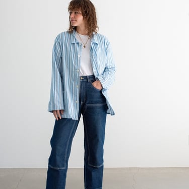 Vintage Blue White Striped Shirt Jacket | Unisex Flannel Tree Bark Stripe Cotton Pajama Chore Shop | M L | SJ015 