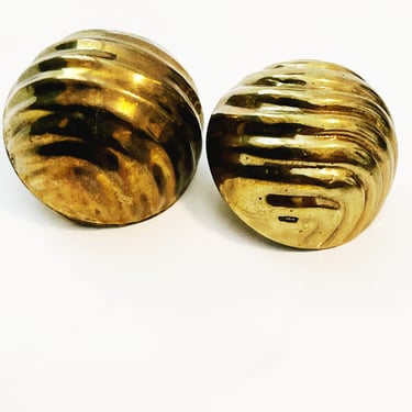 Vintage Antique Gold Round Dome Clip-on Earrings 1980s 80s Ridge Circle Button Clip Ons Costume Jewelry Large Dome Statement Earrings 
