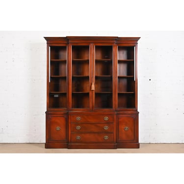 Drexel Georgian Carved Mahogany Breakfront Bookcase Cabinet, 1950s