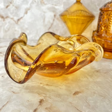 Ruffled Art Glass Bowl, Large, Golden Amber Clear, Bubbles, Murano, Abstract, Blown Glass, Dresser Dish, Ash Tray, Vintage 