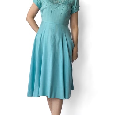 1950s Light Blue Jeweled Fit and Flare Dress, sz. S/M