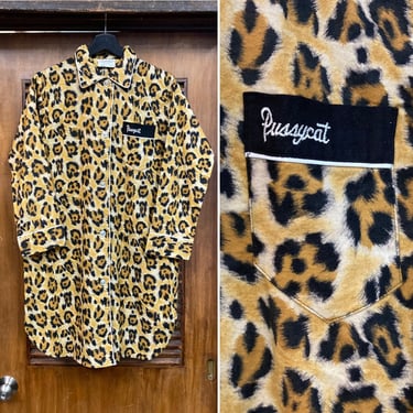 Vintage 1960’s Rockabilly Leopard Print Mod “Pussycat” Cotton PJ Sleep Shirt Dress, 60’s Animal Print, Vintage Clothing 