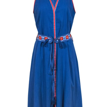 Tory Burch - Blue Sleeveless Belted Midi Dress w/ Embroidered Trim Sz 10