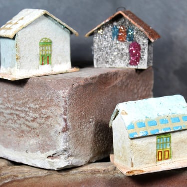 Set of 3 Miniature Putz Cottages | Made in Japan | Circa 1950s | Classic Putz Design | Mid-Century Christmas Putz 