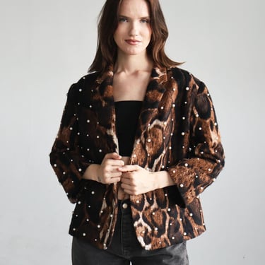 Vintage Dries Van Noten Leopard Print Faux Fur Jacket with Pearl Appliqués Animal Cheetah Jaguar sz IT 42 S M L 