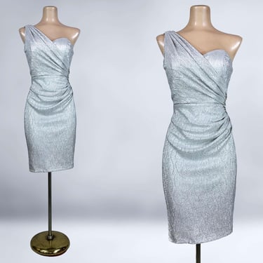 VINTAGE 90s Y2K Silver Metallic Cold Shoulder Cocktail Dress by Cache Sz 4 | 1990s 2000s One Shoulder Bombshell Party Dress | VFG 