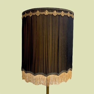 Vintage Lamp Shade Retro 1960s Mid Century Modern + Barrel Shape + Drum + Large Size + Sheer Black + Gold Fringe + MCM + Mood Lighting 