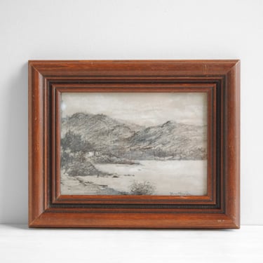 Vintage Charcoal Landscape Drawing of Mountains and Ocean in Black and White 