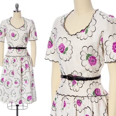 Vintage 1930s 1940s Dress | 30s 40s Rose Floral Printed Cotton Piqué White Purple Scalloped Drop Waist Fit and Flare Day Dress (small) 