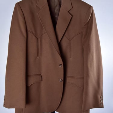 44R Western CIRCLE S Men's Brown Polyester Suit Jacket Blazer Sport Coat 1970's, 1980's Vintage 