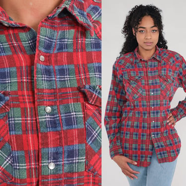 Pearl Snap Flannel Shirt -- 90s Plaid Flannel Shirt Red Green Blue Western Shirt 1990s Rodeo Button Down up Vintage Long Sleeve Medium 