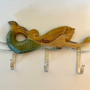 Vintage 1990s Wood Carved Mermaid Wall Hooks 