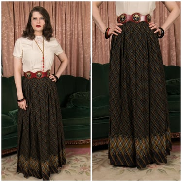 1970s Skirt - Vintage 70s Dark Polychrome Plaid Maxi Skirt with Deep Pleats and Border Print Hem 