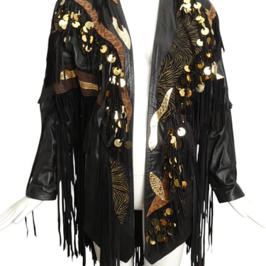 1980s Black Leather Fringe &amp; Appliqué Coat, Size 10