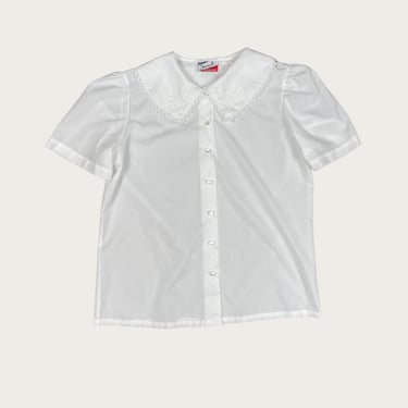 (L/XL) White Lace Trim Collared Blouse