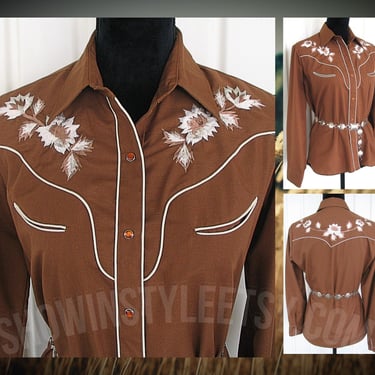 Karman Vintage Western Women's Cowgirl Shirt, Rodeo Queen, Embroidered Flowers in White & Beige, Size 34, Approx. Small (see meas. photo) 