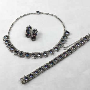 Vintage Iris Glass Necklace Bracelet Earring Full Parure Rhodium Plate Set 