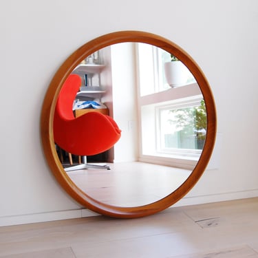 Danish Modern Pedersen and Hansen Large 31 inch Teak Round Wall Mirror Made in Denmark 