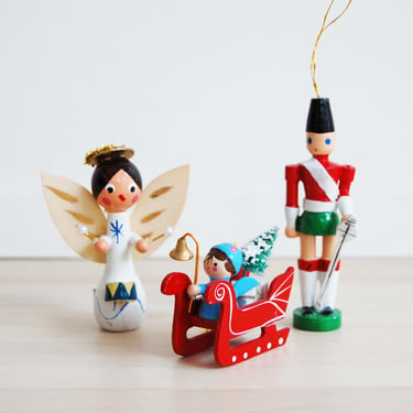 Set of 3 Vintage Wooden Painted Christmas Tree Ornaments Angel, Kid on a Sleigh, English Soldier 