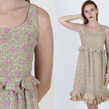 70s Watercolor Sage Floral Dress, Ruffle Peplum Tiered Flower Skirt, 1970's Babydoll Cocktail Party Mini Dress 