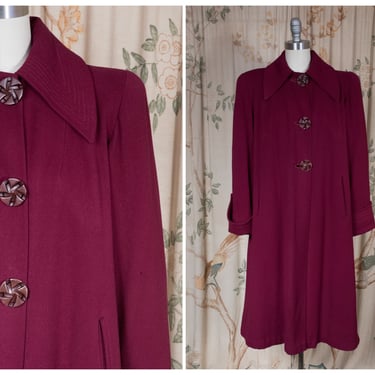 1940s Coat - Rich Merlot Colored Wool 40s Swing Overcoat with Wide Top Stitched Collar and Cuffs 
