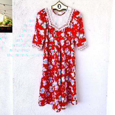 Vintage 70s 80s Hawaii Muumuu Red Lace Babydoll Dress Hawaiian Floral Caftan 
